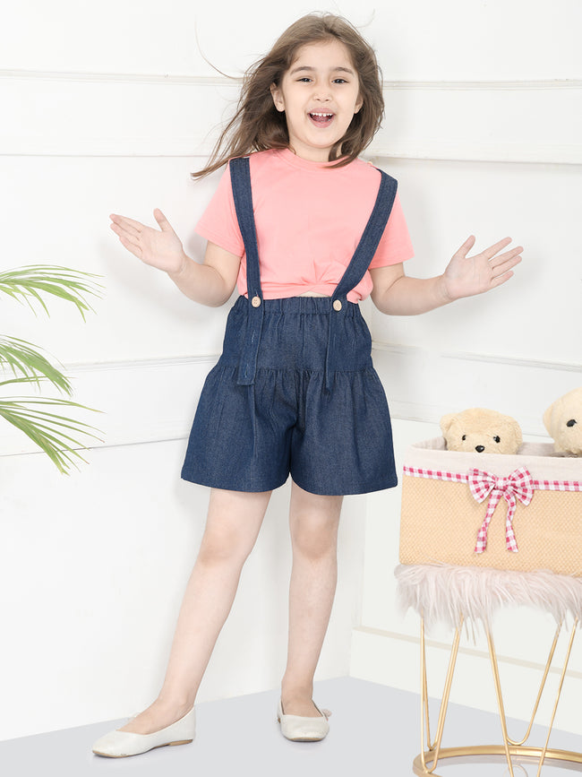 Peach Navy Blue Crop Knot Top with Dungaree Skirt Set