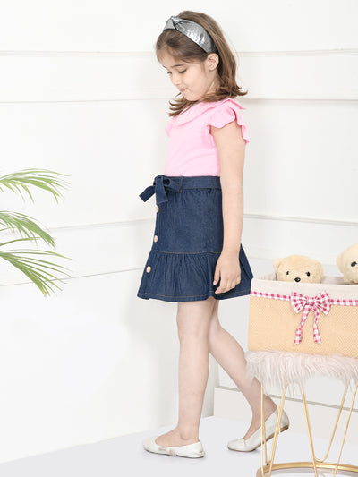 Pink Navy Blue Top with Denim Skirt Set
