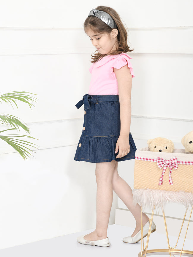 Pink Navy Blue Top with Denim Skirt Set