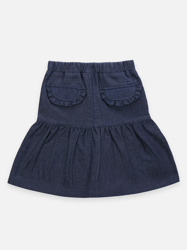 Baby Pink Blue Flower Top with Detailed Denim Skirt Set