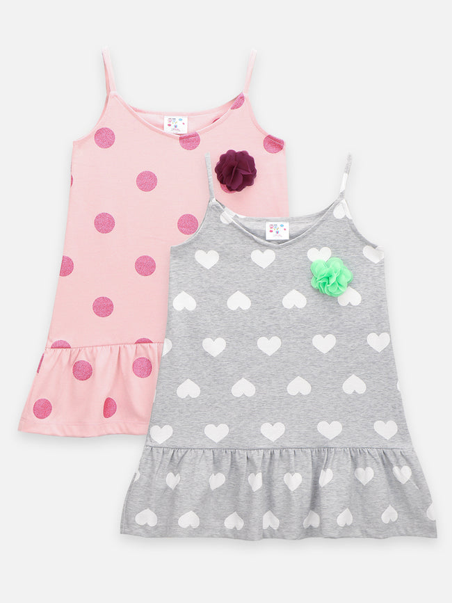 Pink Grey Strappy Flower Applique Tops - Pack of 2