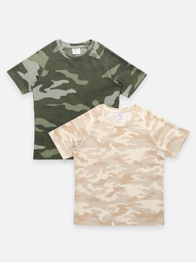 Green Beige Army Print T-shirt - Pack of 2