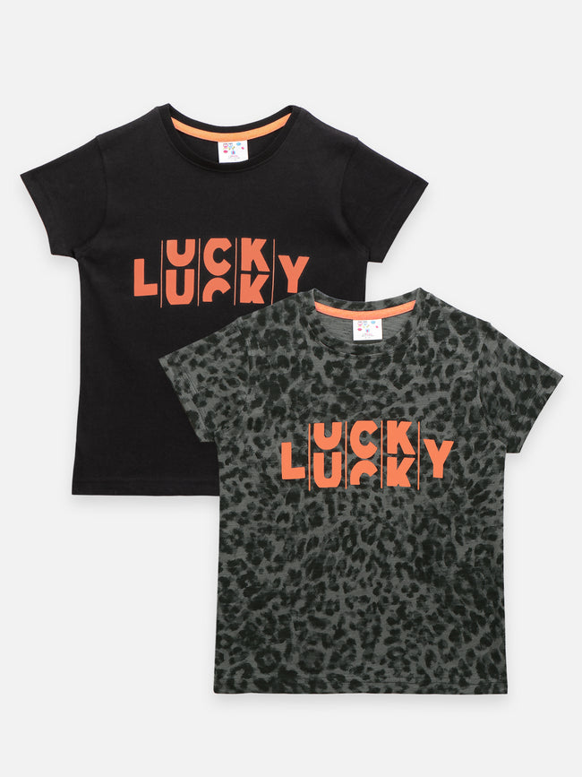 Black Dark Grey Lucky Print T-shirt - Pack of 2