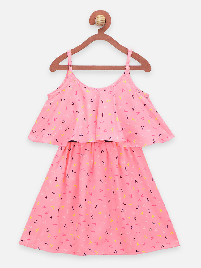 Pink Black Alphabet Print Cape Strapy Flared Dress