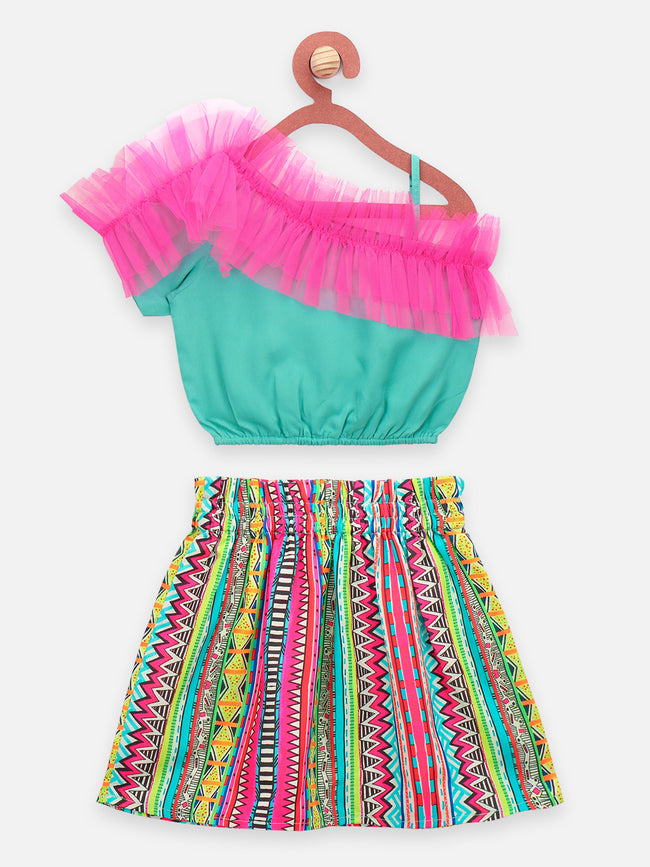 Green Pink Frilly Crop Top with Flared Skir Set