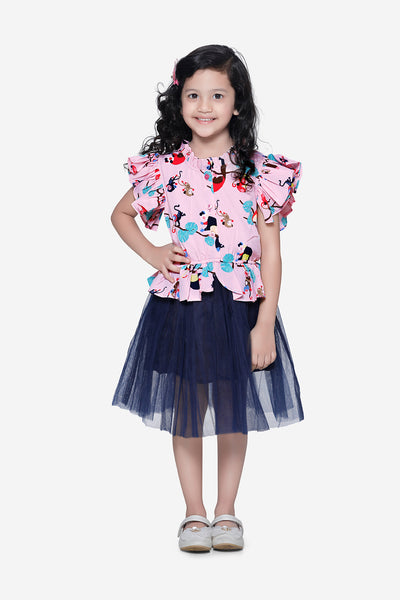 Pink Blue Quirky Print Tulle Dress