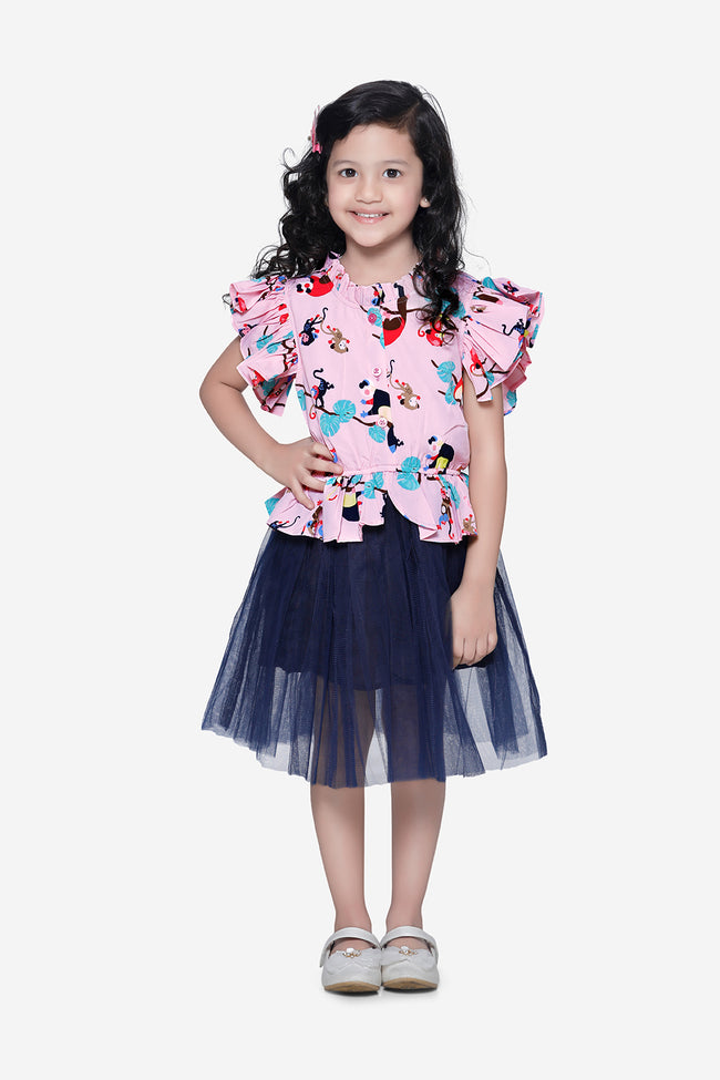 Pink Blue Quirky Print Tulle Dress