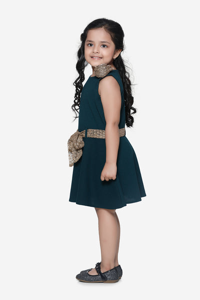 Teal Partywear Dress With Golden Detailing