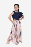Navy Pink Ruffle Top With Polka Tulip Palazzo Pant Set