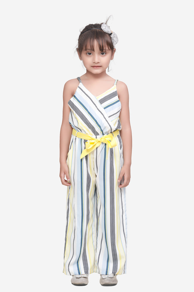 Off White Striped Crossover Style Strappy Full Jumpsuit