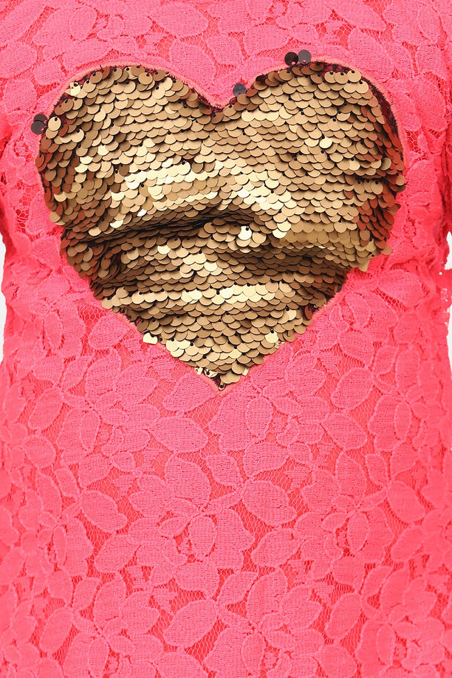 Neon Pink Mesh Sequin Patch Heart Dress
