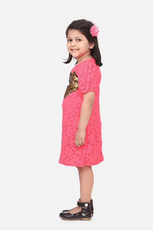 Neon Pink Mesh Sequin Patch Heart Dress