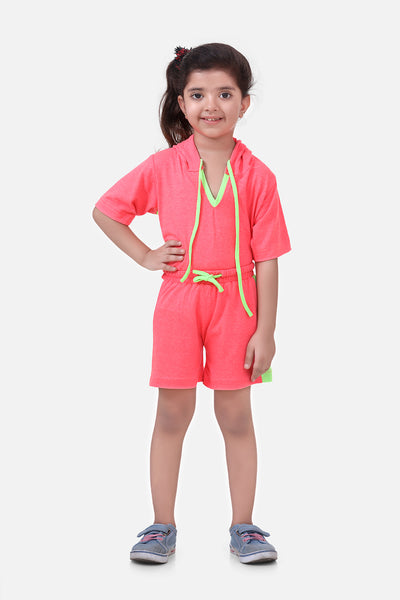 Neon Pink Hoody Tshirt With Short Lounge Set