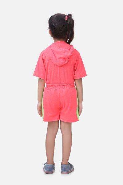 Neon Pink Hoody Tshirt With Short Lounge Set