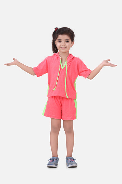 Neon Pink Hoody Tshirt With Short Lounge Set