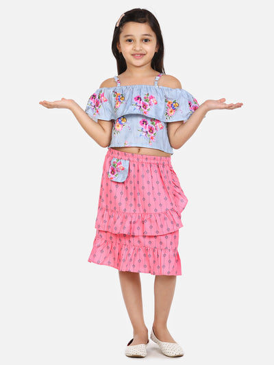 Pink Grey Floral Skirt Set