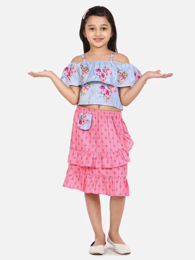 Pink Grey Floral Skirt Set