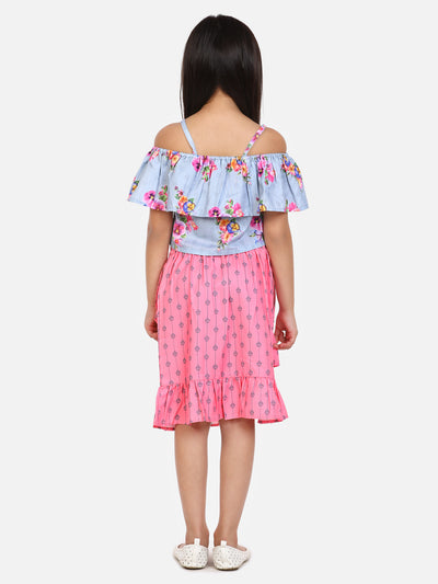 Pink Grey Floral Skirt Set