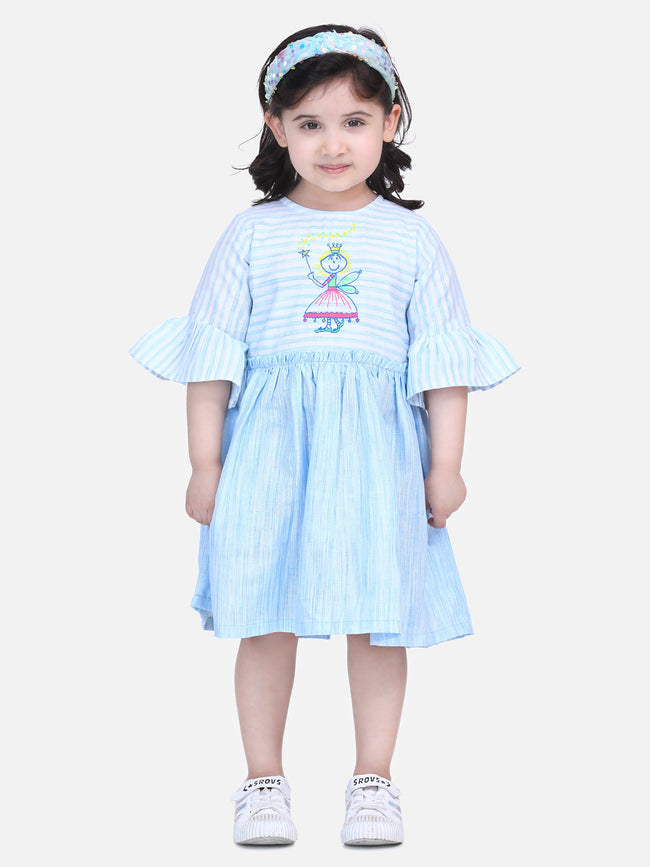 Blue Embroidered Bell Sleeve Dress