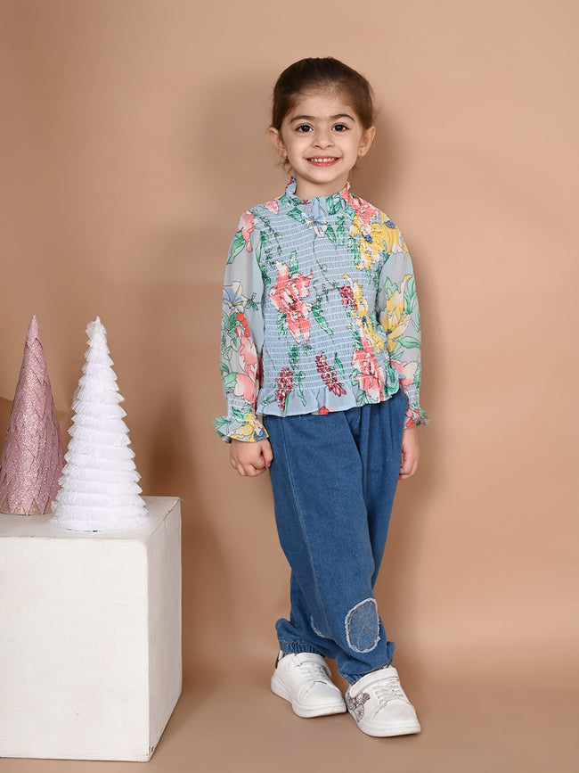 Powder Blue Floral Hi-Neck Smocking Top