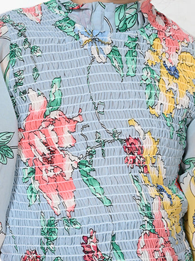 Powder Blue Floral Hi-Neck Smocking Top