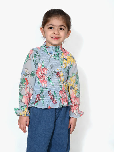 Powder Blue Floral Hi-Neck Smocking Top