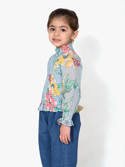 Powder Blue Floral Hi-Neck Smocking Top