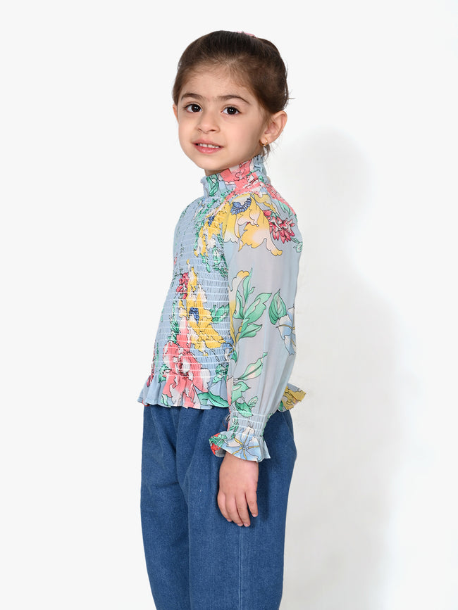 Powder Blue Floral Hi-Neck Smocking Top