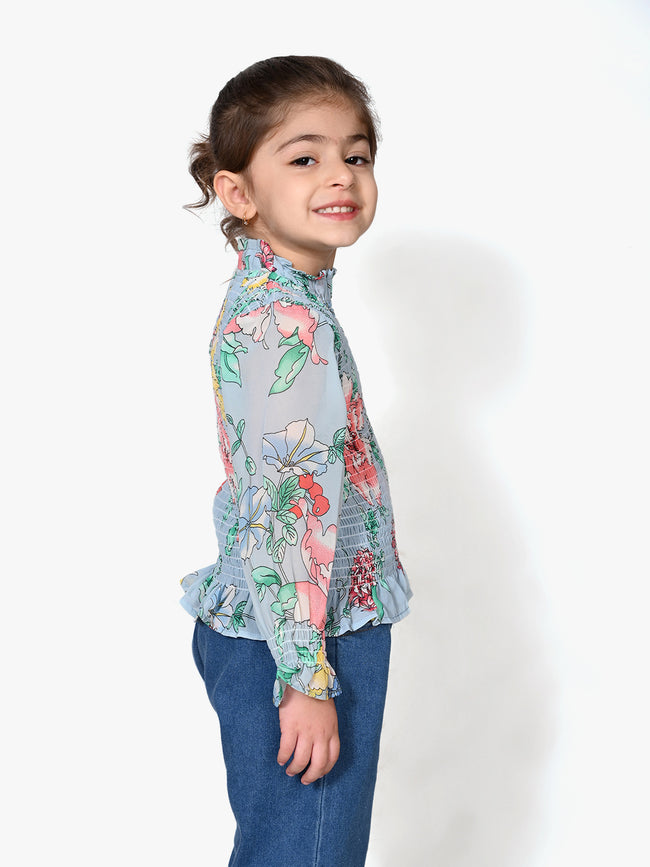 Powder Blue Floral Hi-Neck Smocking Top