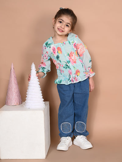 Sky Blue Floral Smocking Top
