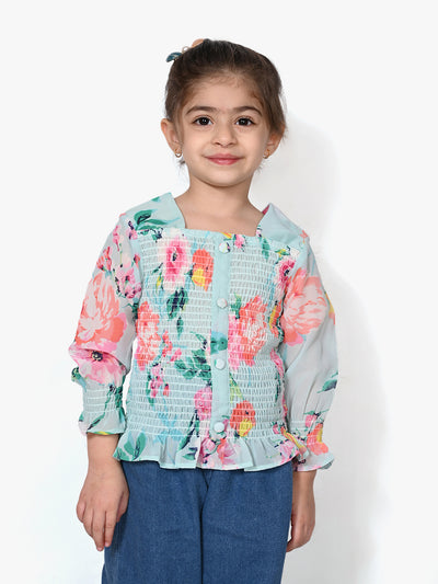 Sky Blue Floral Smocking Top