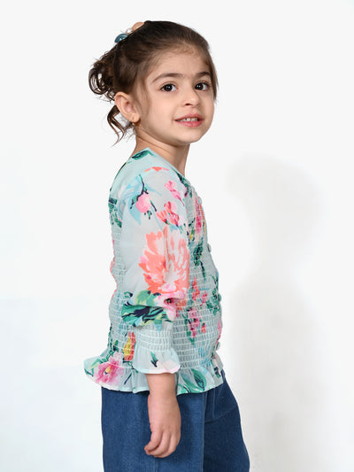 Sky Blue Floral Smocking Top