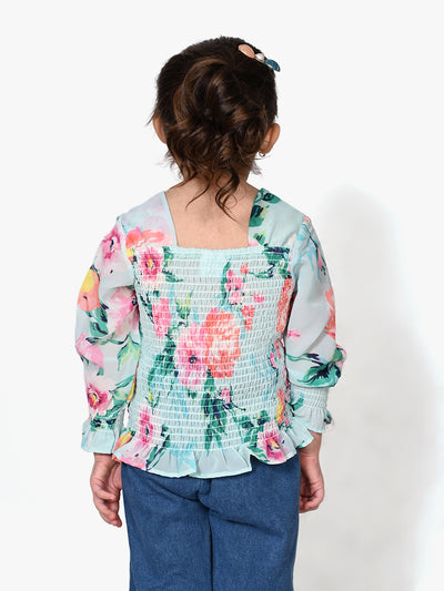 Sky Blue Floral Smocking Top
