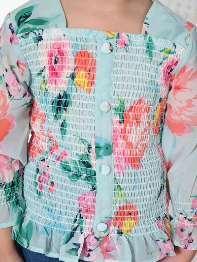 Sky Blue Floral Smocking Top
