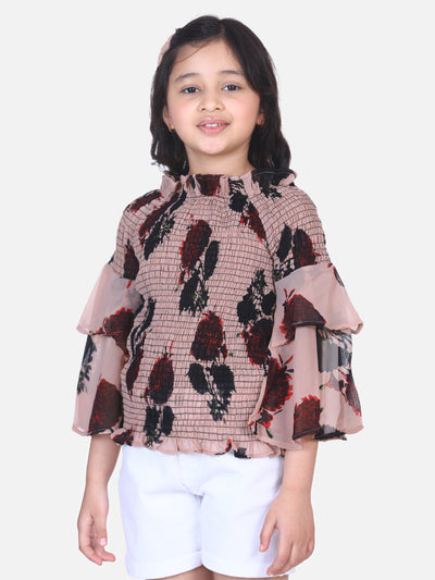 Beige Floral Bell Sleeves Smocking Top