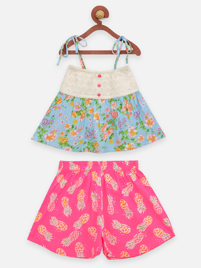 Blue Pink Floral Print Top And Pineapple Print Shorts Set