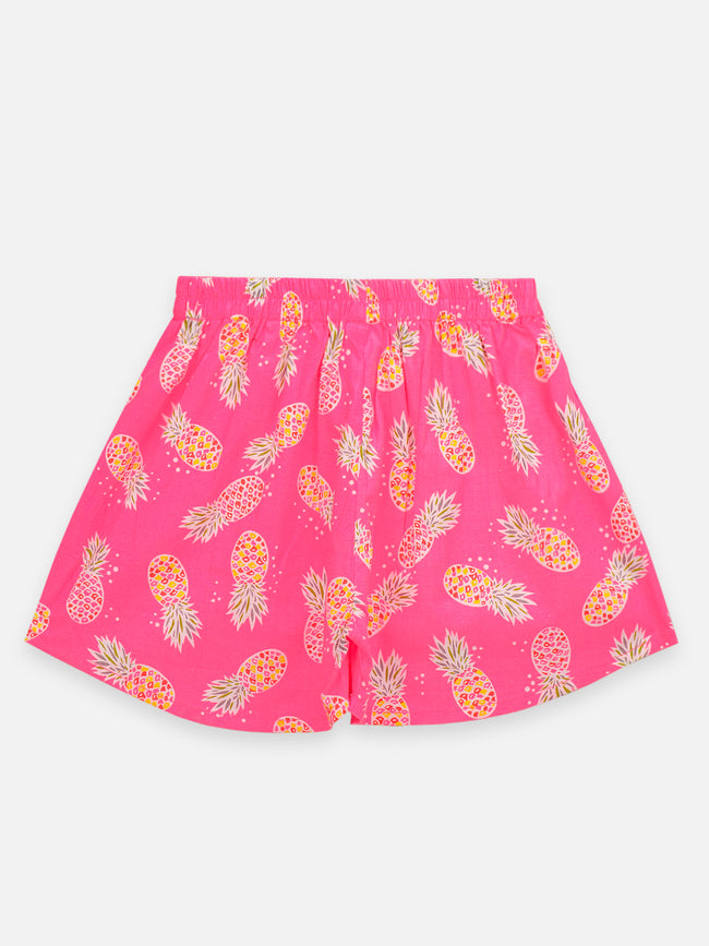 Blue Pink Floral Print Top And Pineapple Print Shorts Set