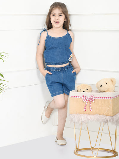 Blue Crop Top With Denim Shorts Co-Ord Set