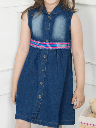 Blue Denim Washed Dress With Handloom Belt