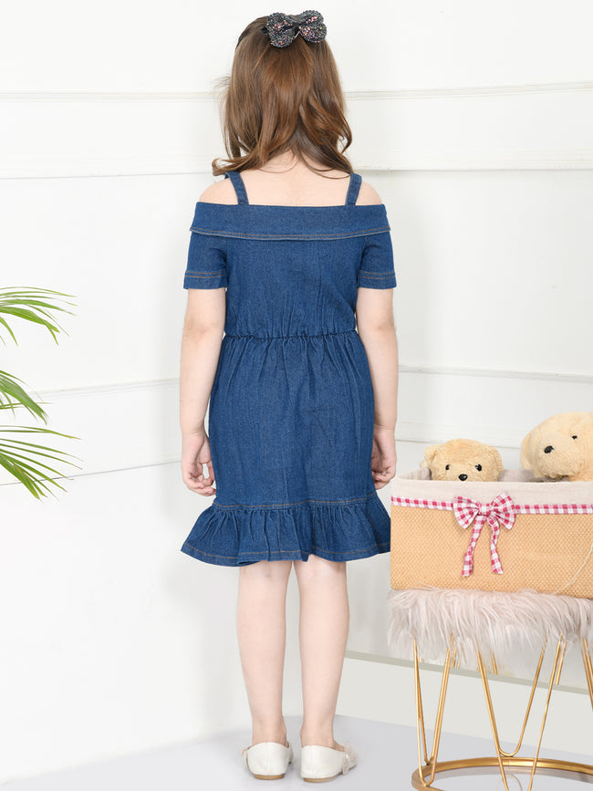 Blue Denim Boat Neck Fit And Flare Dress
