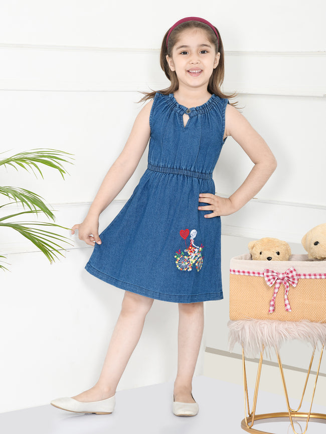 Blue Cycle Cute Gal Embroidered Fit And Flare Dress