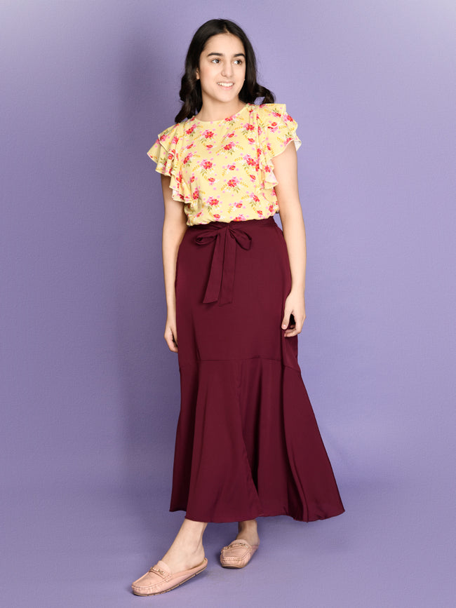 Floral Flared Sleeve Yellow Top with Maroon Stylish Long Skirt Set