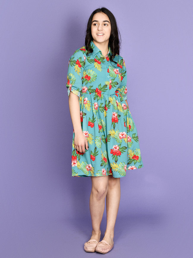 Green Shirt Collar A Line Dress
