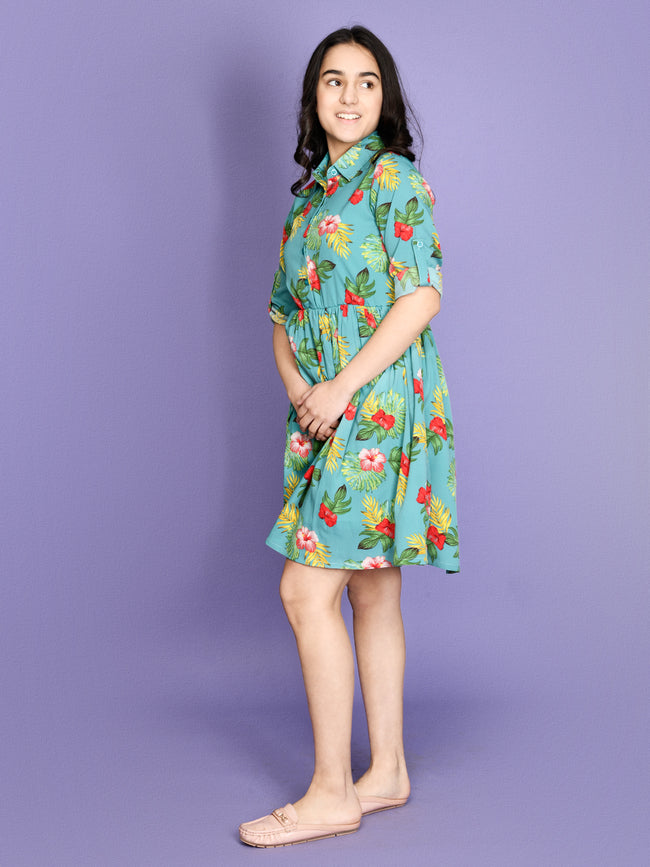 Green Shirt Collar A Line Dress