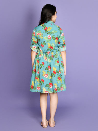 Green Shirt Collar A Line Dress