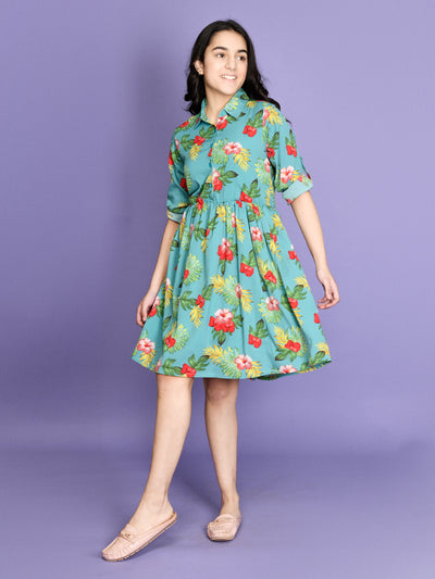 Green Shirt Collar A Line Dress