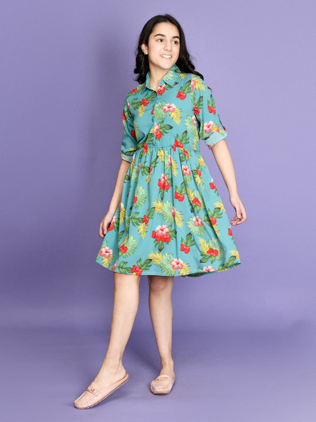 Green Shirt Collar A Line Dress