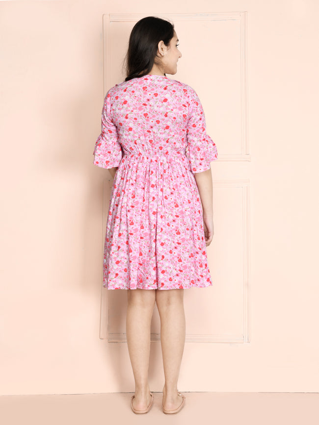Pink Floral Ruffled Dress
