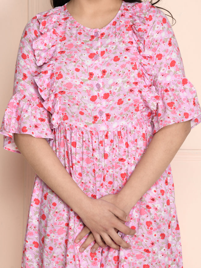 Pink Floral Ruffled Dress