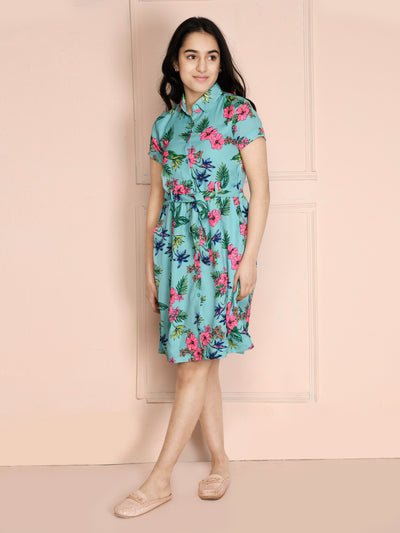 Shirt Collar Floral Fit n Flare Dress